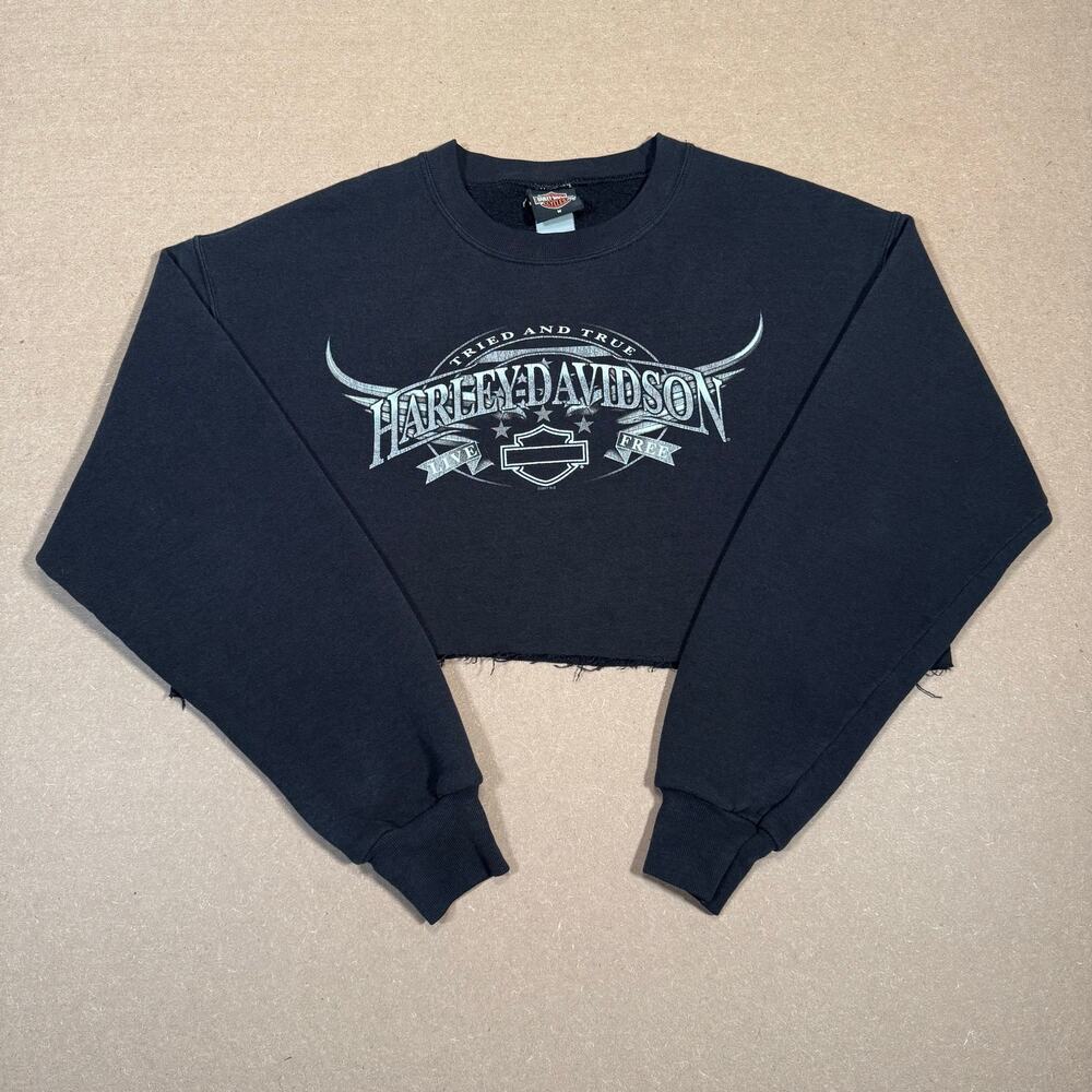Vintage 2007 Harley Davidson Cropped Sweatshirt Lapeer MI Black Womens Medium - Picture 7 of 8